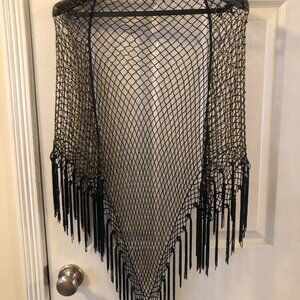 Daniele Meucci Black Crochet Knit GOLD BEADED Fringe Shawl Made in Italy